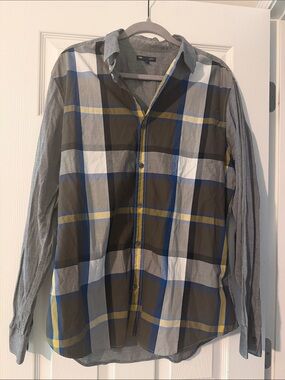 GAP Gray Plaid Shirt Jacket with Blue & Yellow Stripes